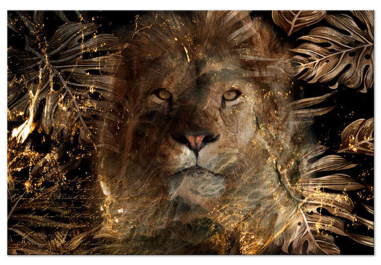 Canvas Art Print Golden Kingdom (1-piece) Wide - lion among exotic leaves 138282