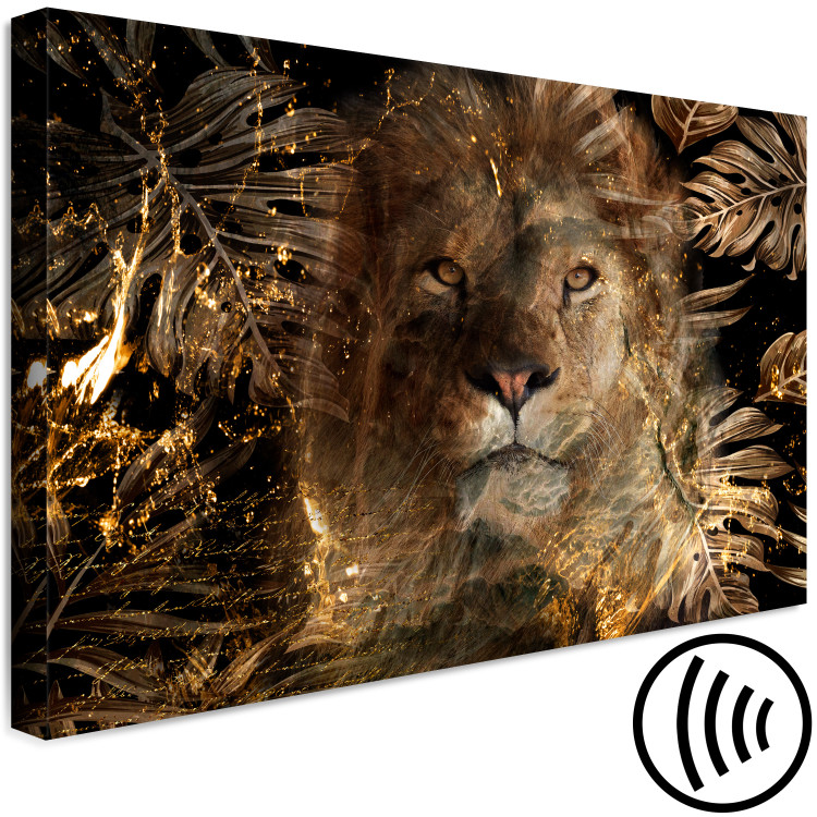 Canvas Art Print Golden Kingdom (1-piece) Wide - lion among exotic leaves 138282 additionalImage 6