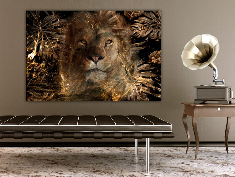 Canvas Art Print Golden Kingdom (1-piece) Wide - lion among exotic leaves 138282 additionalImage 3