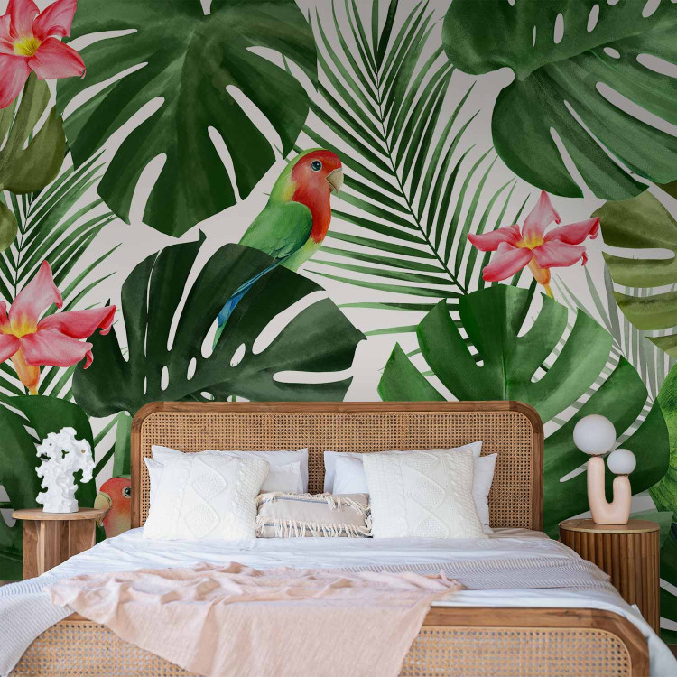Wall Mural Monstera - green exotic leaves and colourful parrots among flowers 144682 additionalImage 2