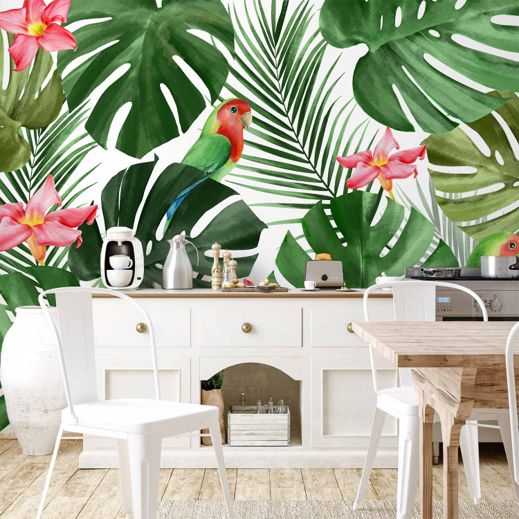 Wall Mural Monstera - green exotic leaves and colourful parrots among flowers 144682 additionalImage 6