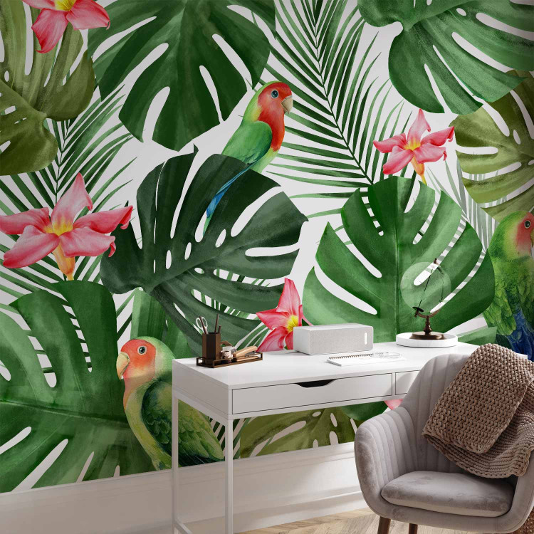 Wall Mural Monstera - green exotic leaves and colourful parrots among flowers 144682 additionalImage 4