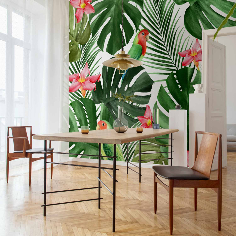 Wall Mural Monstera - green exotic leaves and colourful parrots among flowers 144682 additionalImage 7