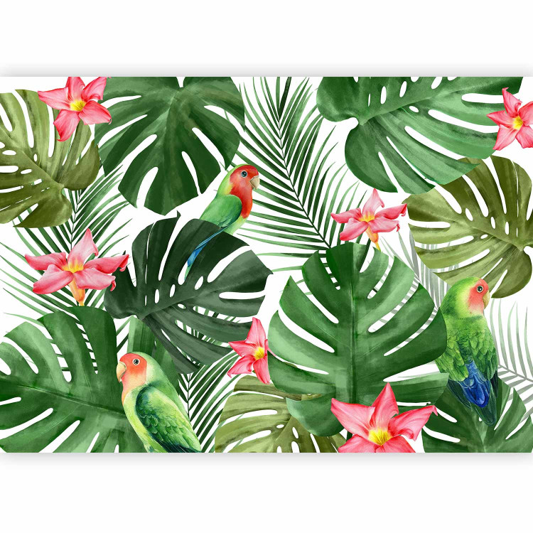 Wall Mural Monstera - green exotic leaves and colourful parrots among flowers 144682 additionalImage 1