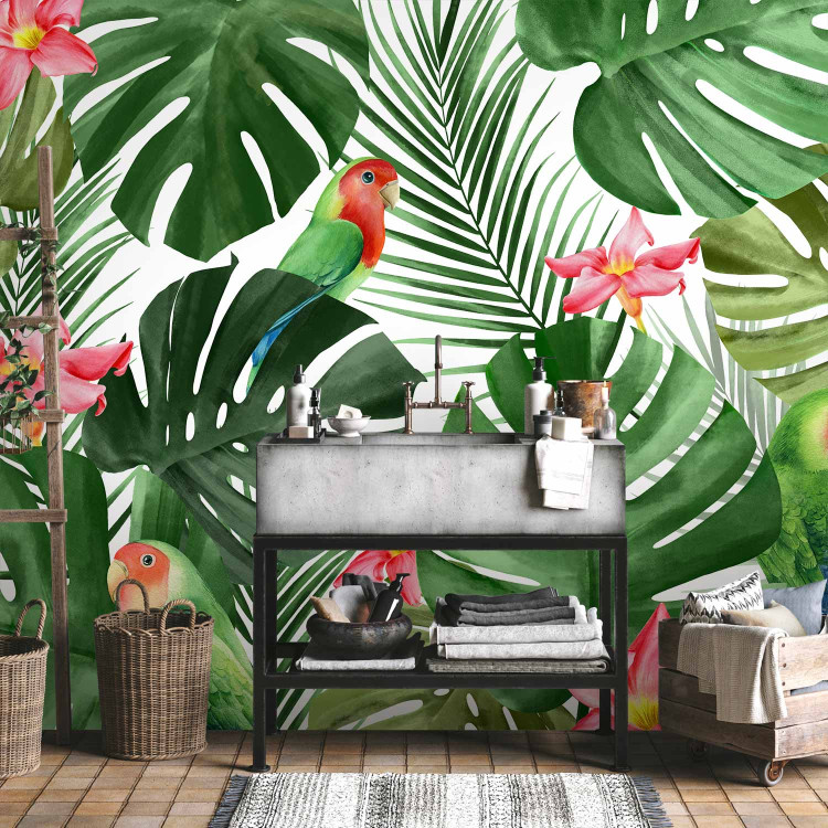 Wall Mural Monstera - green exotic leaves and colourful parrots among flowers 144682 additionalImage 8