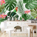 Wall Mural Monstera - green exotic leaves and colourful parrots among flowers 144682 additionalThumb 6