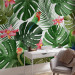Wall Mural Monstera - green exotic leaves and colourful parrots among flowers 144682 additionalThumb 4