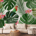 Wall Mural Monstera - green exotic leaves and colourful parrots among flowers 144682