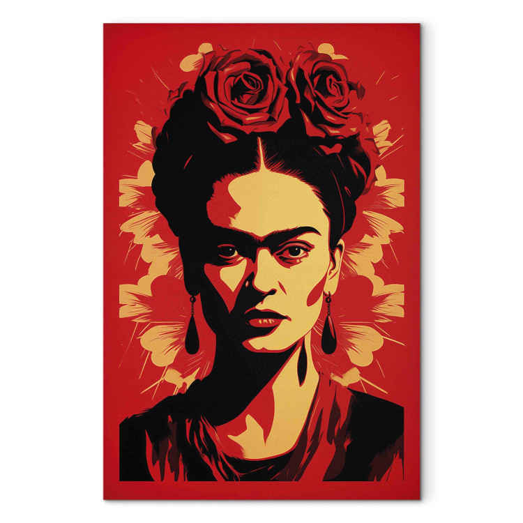 Canvas Print Frida Kahlo - Portrait With Roses on Head on Red Background 152282