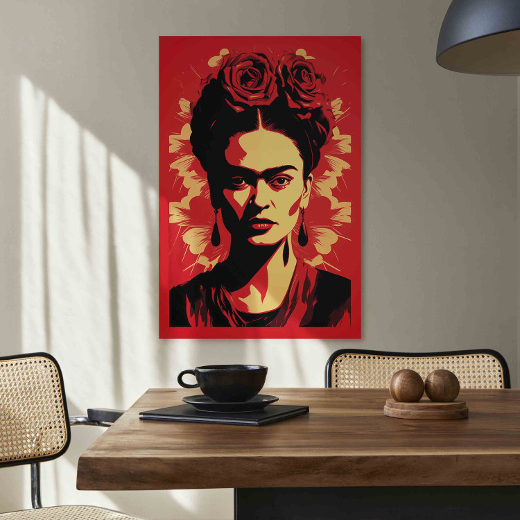 Canvas Print Frida Kahlo - Portrait With Roses on Head on Red Background 152282 additionalImage 3