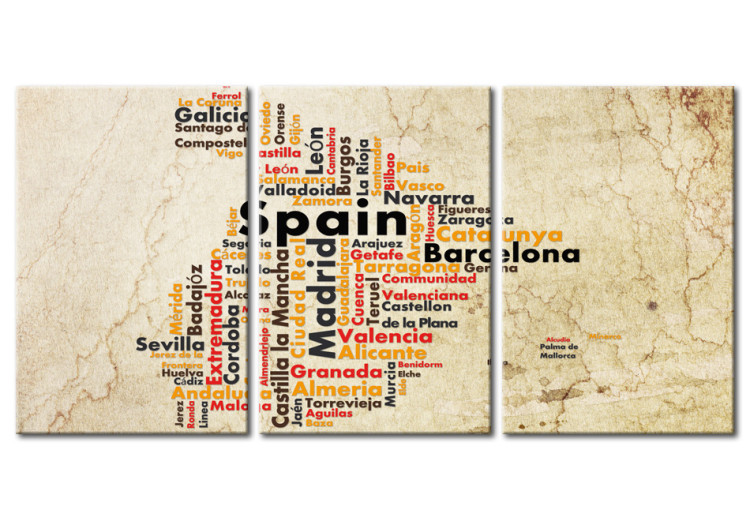 Canvas Art Print Map of Spain - borders formed from city names in national colors 55282