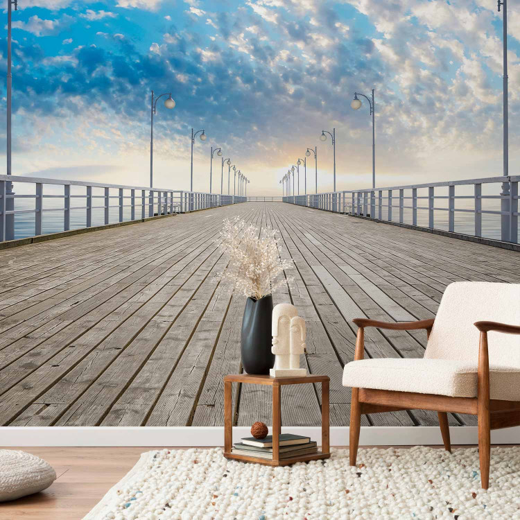 Photo Wallpaper Pier - Landscape Surrounded by the Blue Sea and Calm Sky with Clouds 61682