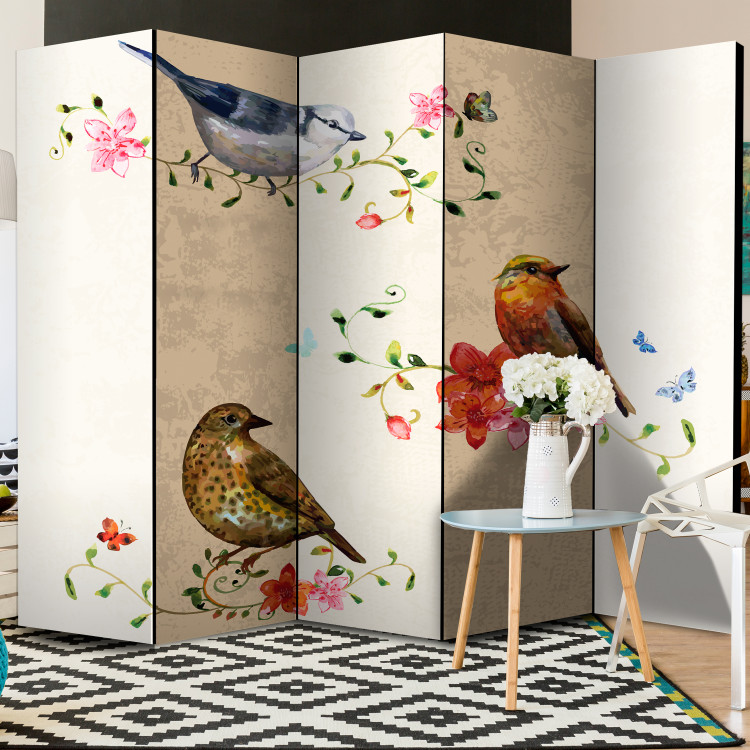 Folding Screen Birdsong II - animals on colorful plants on a beige background 107592 additionalImage 2
