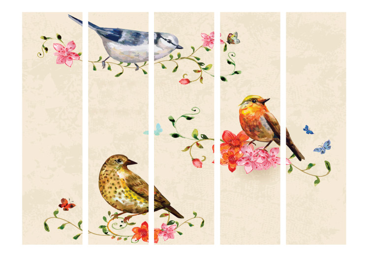 Folding Screen Birdsong II - animals on colorful plants on a beige background 107592 additionalImage 3