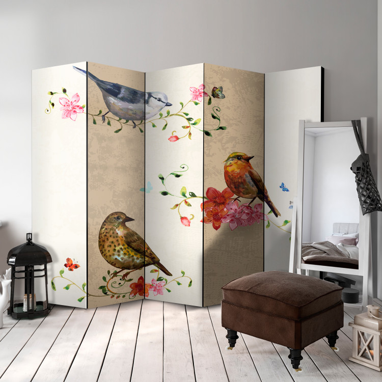 Folding Screen Birdsong II - animals on colorful plants on a beige background 107592 additionalImage 4