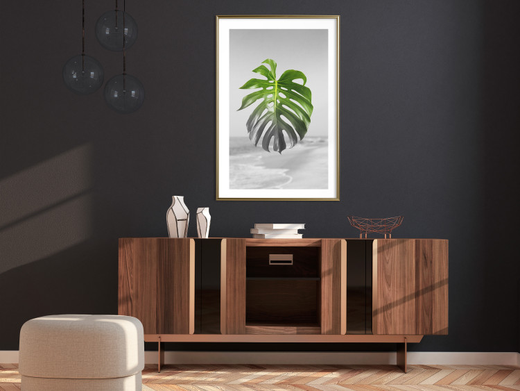 Poster Monstera Leaf - Green tropical plant and gray seaside landscape 114392 additionalImage 15