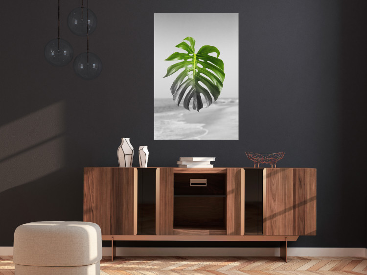 Poster Monstera Leaf - Green tropical plant and gray seaside landscape 114392 additionalImage 23