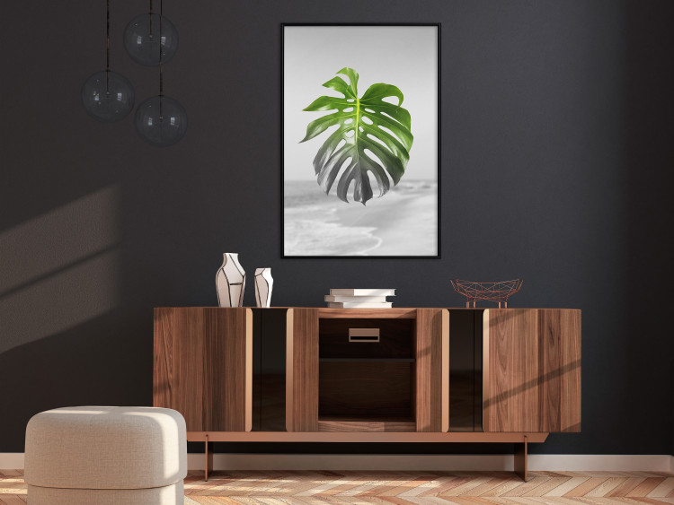Poster Monstera Leaf - Green tropical plant and gray seaside landscape 114392 additionalImage 5