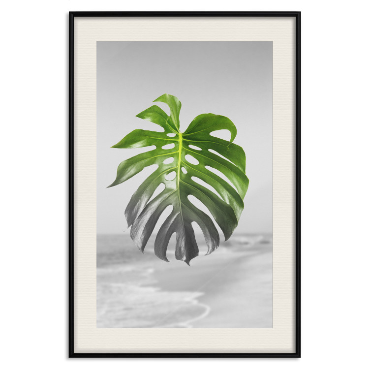 Poster Monstera Leaf - Green tropical plant and gray seaside landscape 114392 additionalImage 18