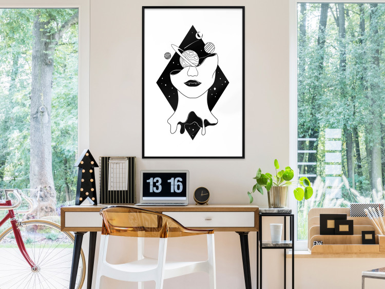 Poster Cosmos in Mind - abstract black portrait of woman with planets 128492 additionalImage 18