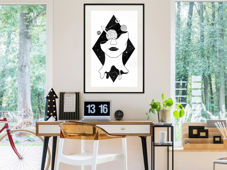 Poster Cosmos in Mind - abstract black portrait of woman with planets 128492 additionalImage 24