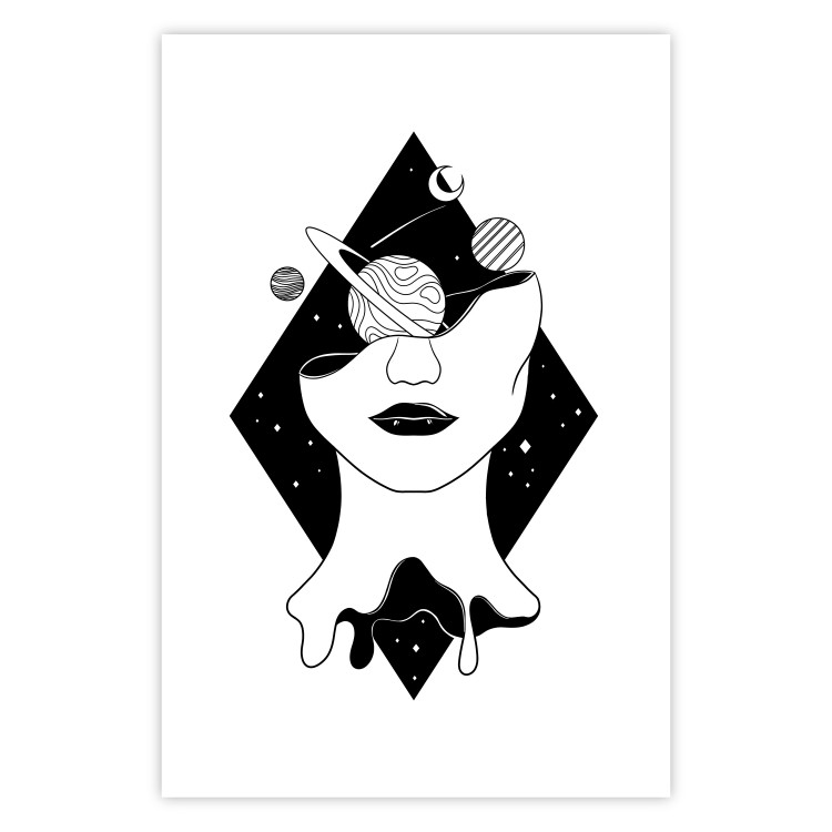 Poster Cosmos in Mind - abstract black portrait of woman with planets 128492 additionalImage 25