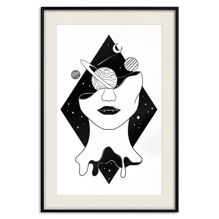 Poster Cosmos in Mind - abstract black portrait of woman with planets 128492 additionalImage 19