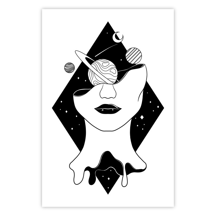 Poster Cosmos in Mind - abstract black portrait of woman with planets 128492