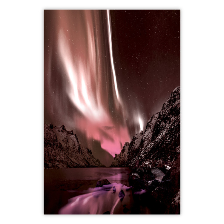 Wall Poster Senna Land - night landscape of pink aurora surrounded by mountains 132092