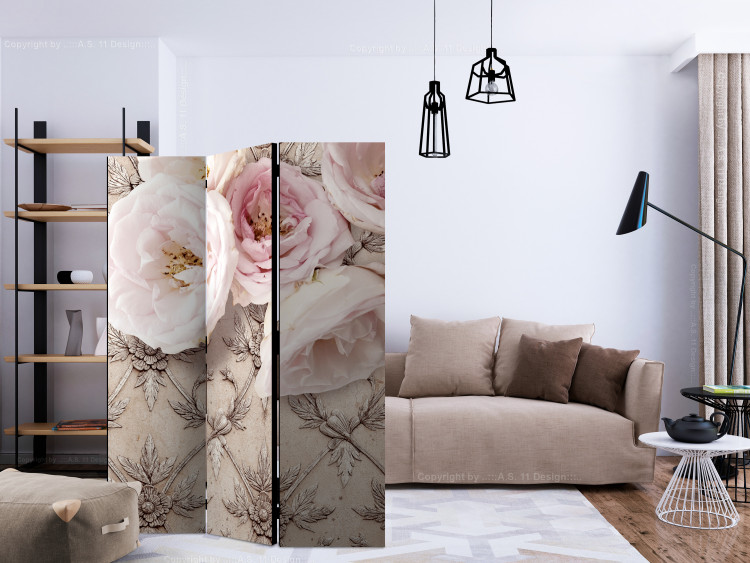 Room Divider Screen Romantic Beige (3-piece) - composition in roses on a patterned background 132792 additionalImage 4