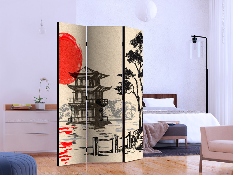 Folding Screen Cottage by the Pond (3-piece) - architecture of the Far East 134292 additionalImage 2