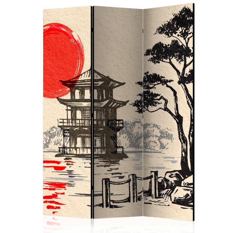 Folding Screen Cottage by the Pond (3-piece) - architecture of the Far East 134292
