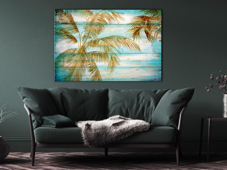 Canvas Palms in Gold (1-piece) - warm landscape with palm trees and boards in the background 142692 additionalImage 3
