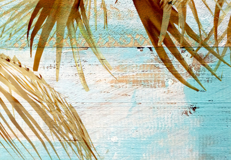 Canvas Palms in Gold (1-piece) - warm landscape with palm trees and boards in the background 142692 additionalImage 4
