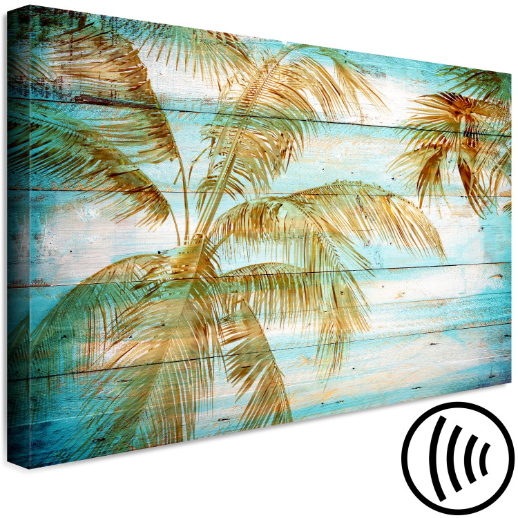 Canvas Palms in Gold (1-piece) - warm landscape with palm trees and boards in the background 142692 additionalImage 6