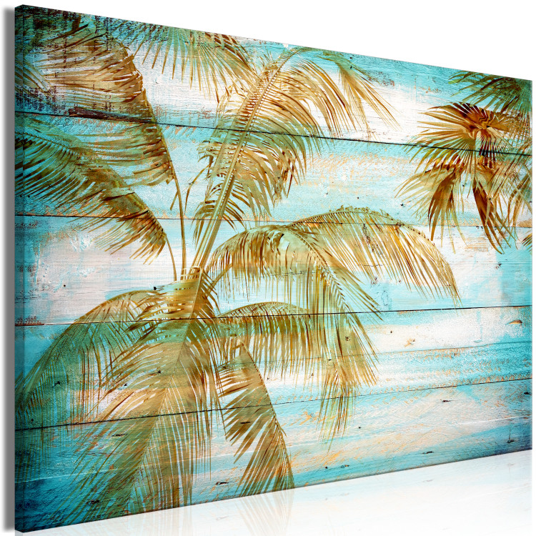 Canvas Palms in Gold (1-piece) - warm landscape with palm trees and boards in the background 142692 additionalImage 2