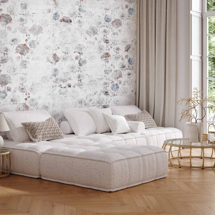 Wall Mural Grey faded flowers - retro floral motif on white background 142992