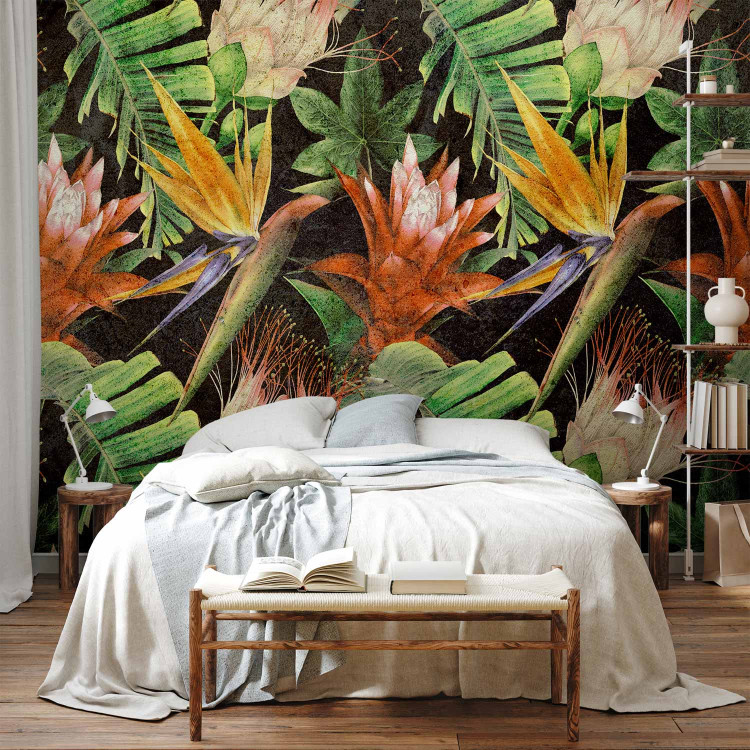 Wall Mural Colourful jungle - landscape with tropical plants motif on black background 143192 additionalImage 2
