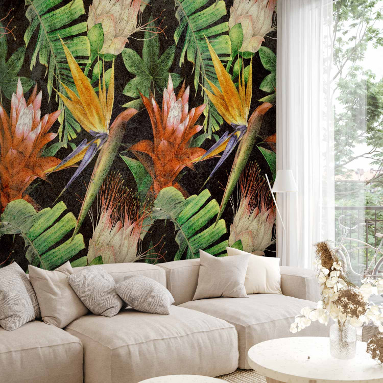 Wall Mural Colourful jungle - landscape with tropical plants motif on black background 143192