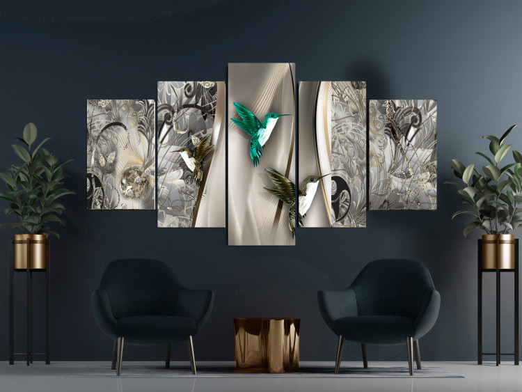 Canvas Art Print Hummingbirds in the Garden (5-piece) Wide - birds in gilded abstraction 143392 additionalImage 3
