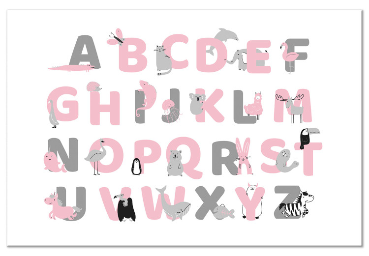 Canvas Art Print English Alphabet for Children - Pink and Gray Letters with Animals 146492