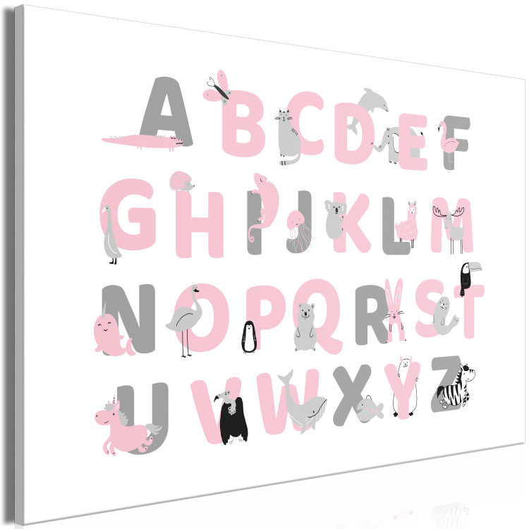 Canvas Art Print English Alphabet for Children - Pink and Gray Letters with Animals 146492 additionalImage 2