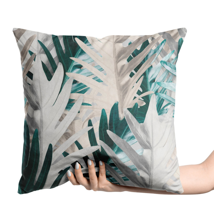 Decorative Velor Pillow Philodendron xanadu - a white and turquoise pattern with exotic leaves 147092 additionalImage 3