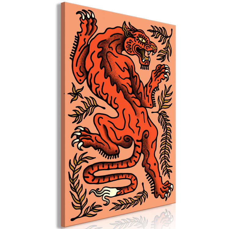 Canvas Print Red Tiger (1-piece) - wild cat in leaves on a salmon background 149692 additionalImage 2