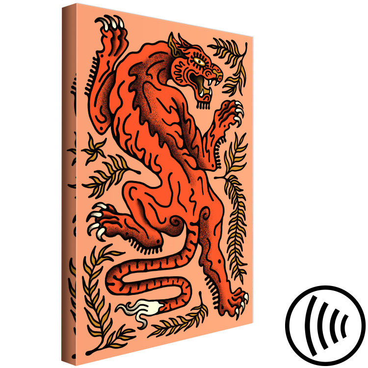 Canvas Print Red Tiger (1-piece) - wild cat in leaves on a salmon background 149692 additionalImage 6
