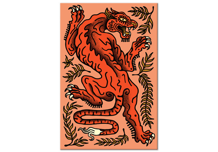 Canvas Print Red Tiger (1-piece) - wild cat in leaves on a salmon background 149692