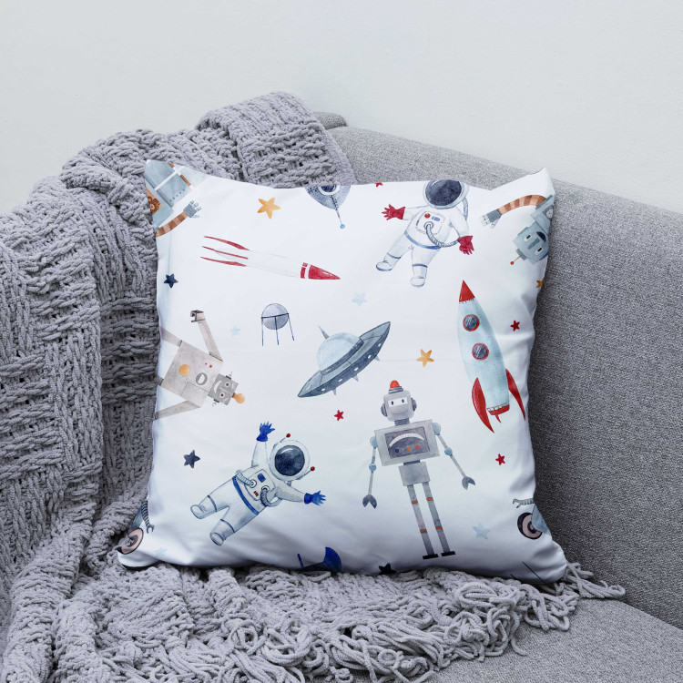 Decorative Microfiber Pillow Space Toys - Rockets and Robots Among the Stars on a White Background 151392 additionalImage 3