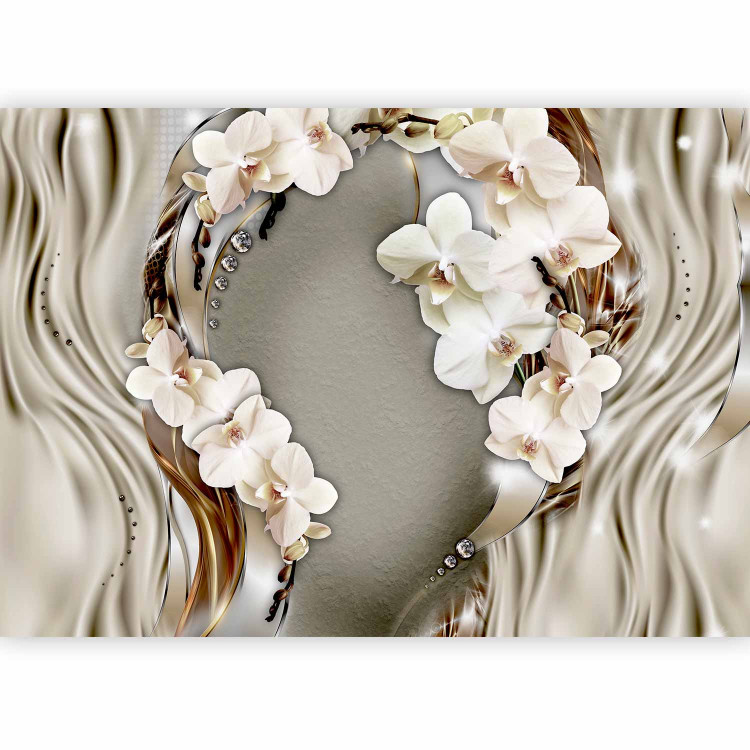 Photo Wallpaper Abstraction - Orchid Flowers on Beige Background with Pearls 60792 additionalImage 1