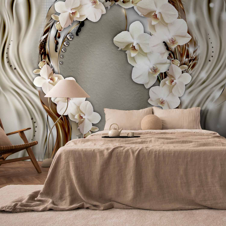 Photo Wallpaper Abstraction - Orchid Flowers on Beige Background with Pearls 60792