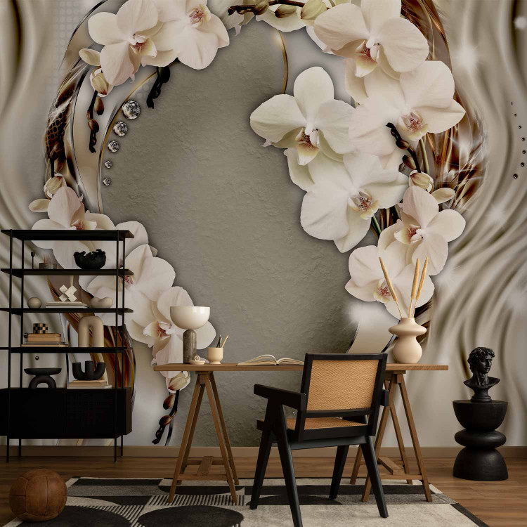 Photo Wallpaper Abstraction - Orchid Flowers on Beige Background with Pearls 60792 additionalImage 4